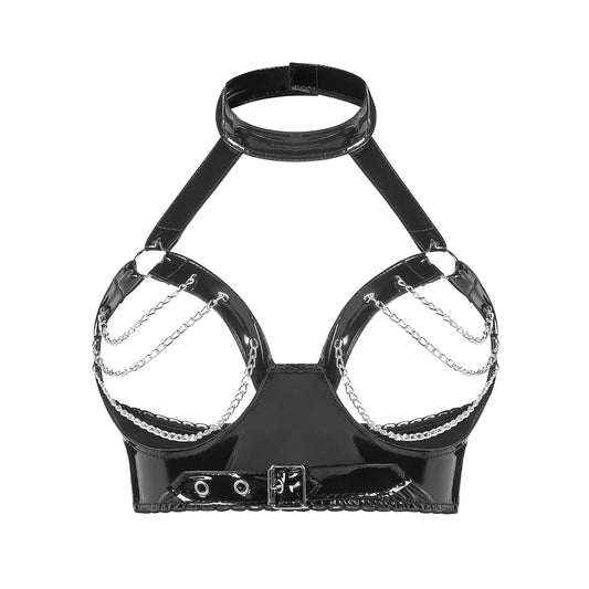 Glossy Faux Leather Halter Bra – O-Ring Detail