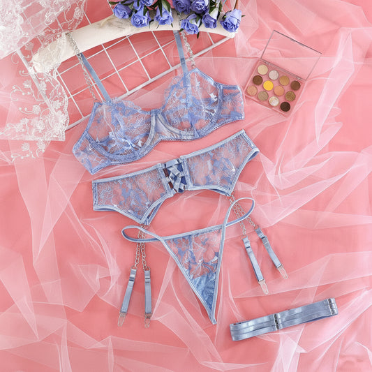 Elegant Mesh Bra & Garter Lingerie Set – 4 Piece
