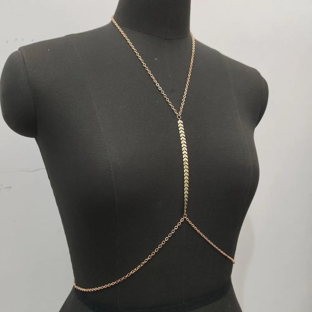 Layered Body Chain Necklace – Arrow & Fishbone Design