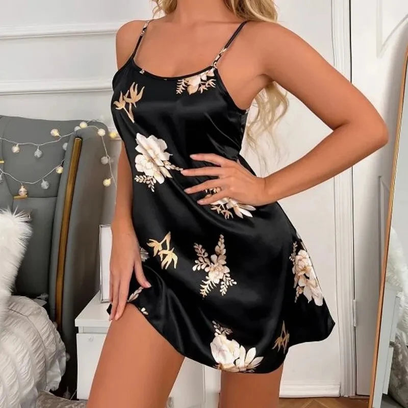 Floral Satin Nightgown – Soft Sleeveless Sleep Dress