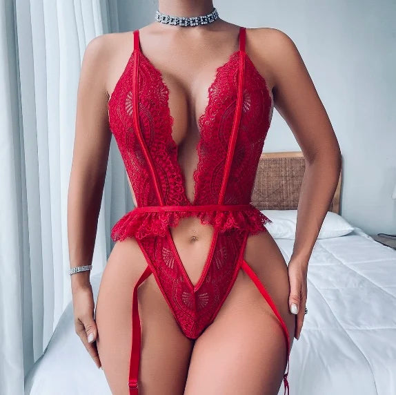 Sheer Lace Teddy Bodysuit – Deep V Lingerie