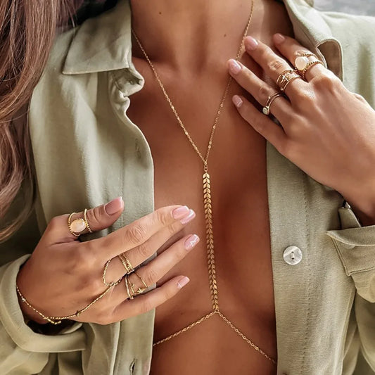 Layered Body Chain Necklace – Arrow & Fishbone Design
