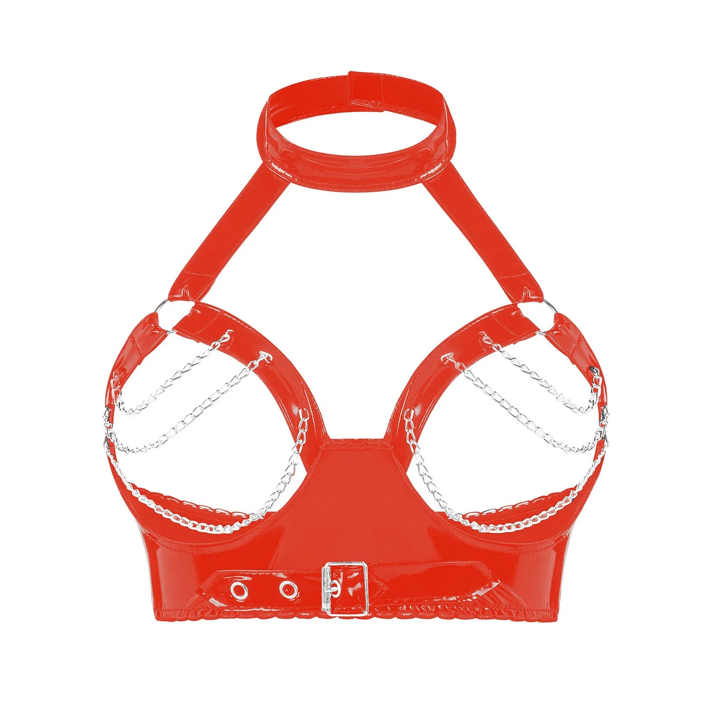Glossy Faux Leather Halter Bra – O-Ring Detail