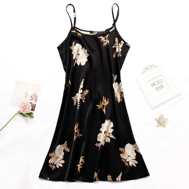 Floral Satin Nightgown – Soft Sleeveless Sleep Dress