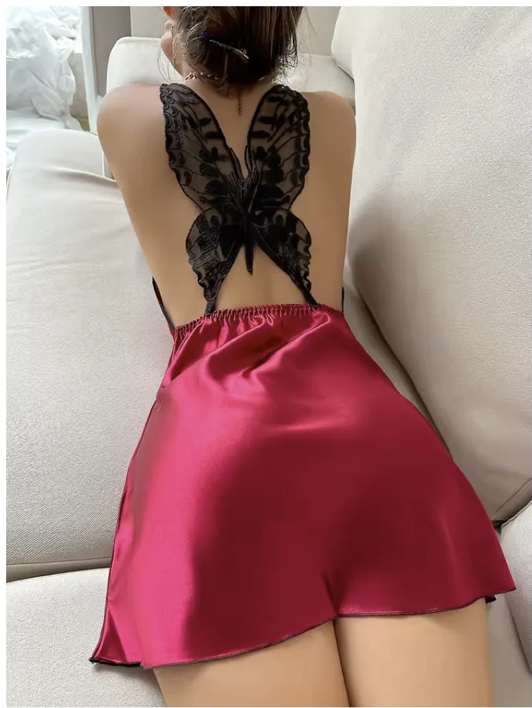 Butterfly Bow Satin Nightgown – Backless Design