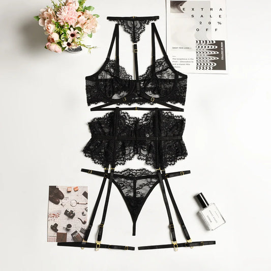 Luxury Lace Bra, Garter & G-String Set – 3 Piece