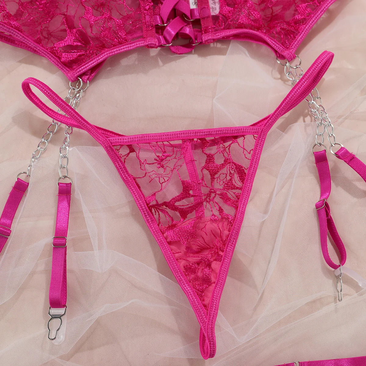 Elegant Mesh Bra & Garter Lingerie Set – 4 Piece