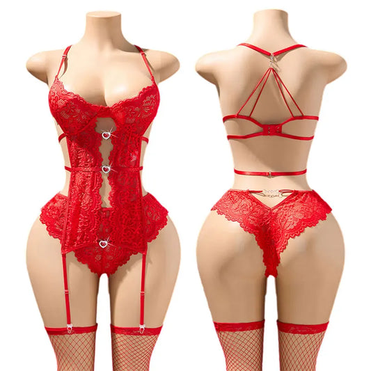 Embroidered Lace Bra & Panty Set with Stockings