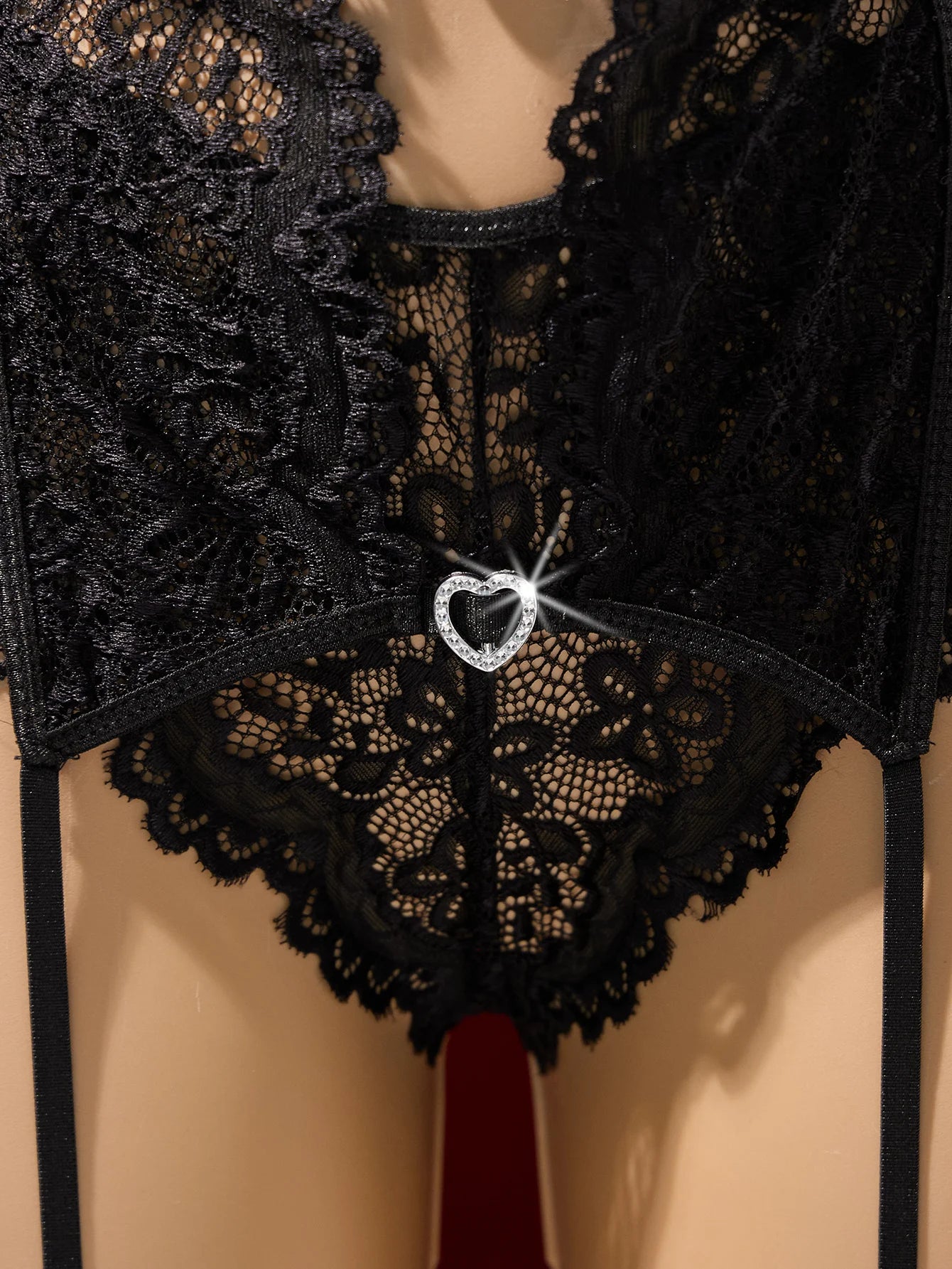Embroidered Lace Bra & Panty Set with Stockings