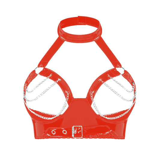 Glossy Faux Leather Halter Bra – O-Ring Detail