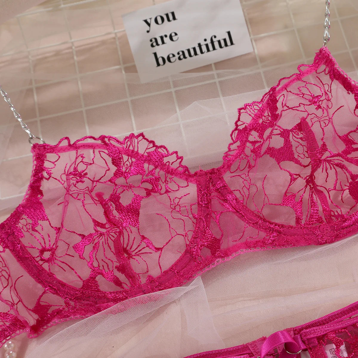 Elegant Mesh Bra & Garter Lingerie Set – 4 Piece