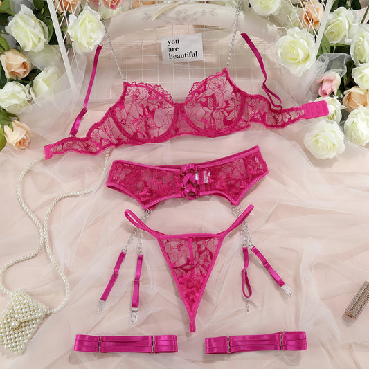 Elegant Mesh Bra & Garter Lingerie Set – 4 Piece