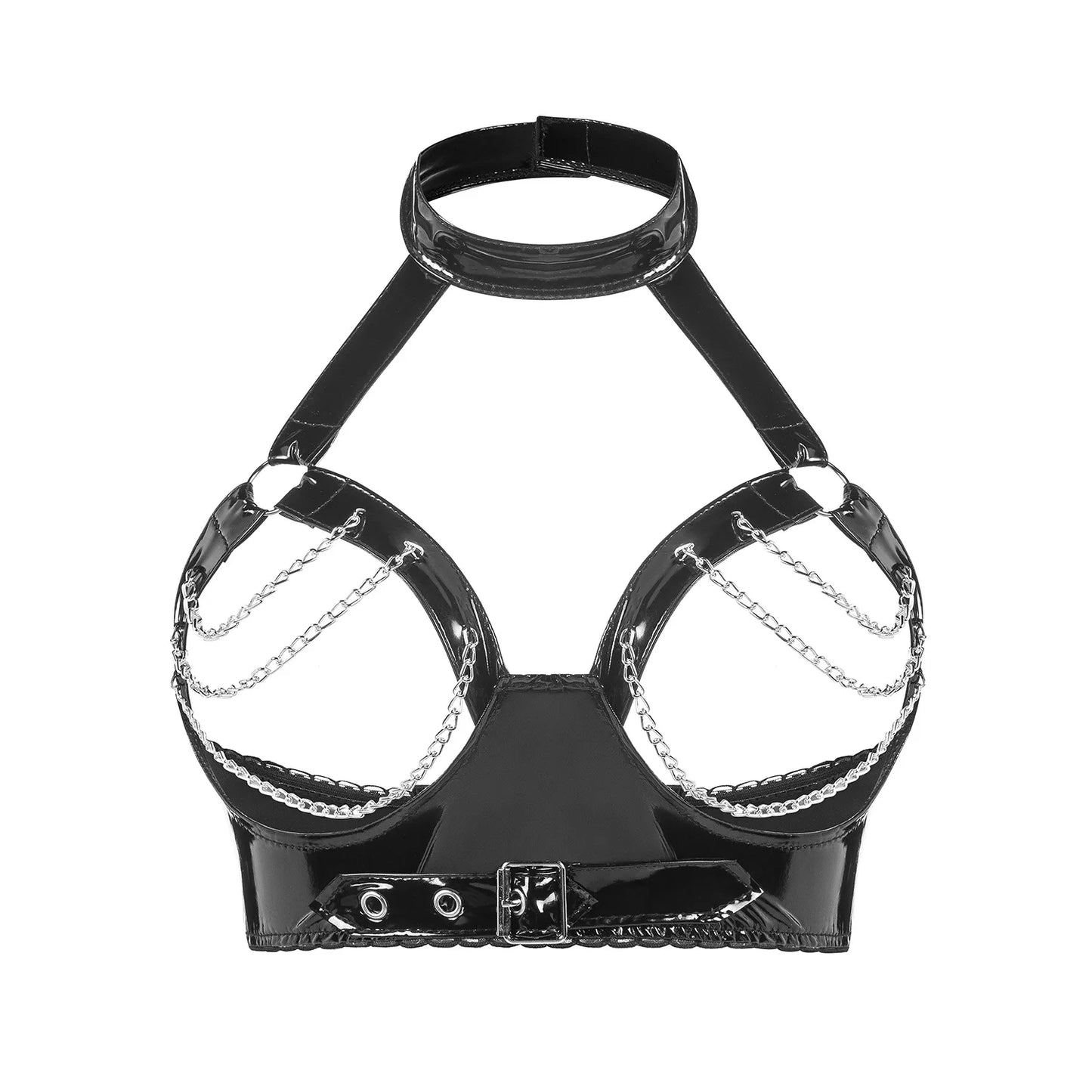 Glossy Faux Leather Halter Bra – O-Ring Detail