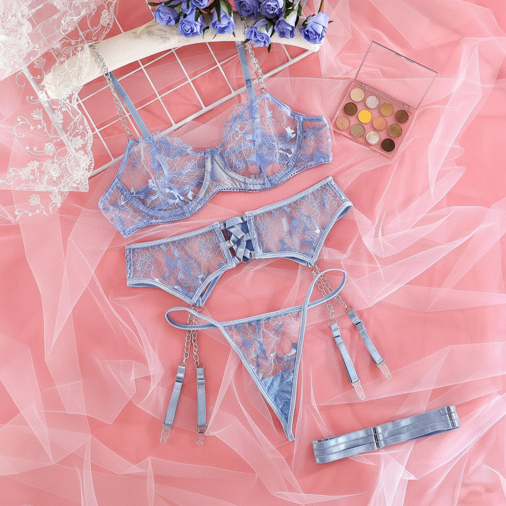 Elegant Mesh Bra & Garter Lingerie Set – 4 Piece