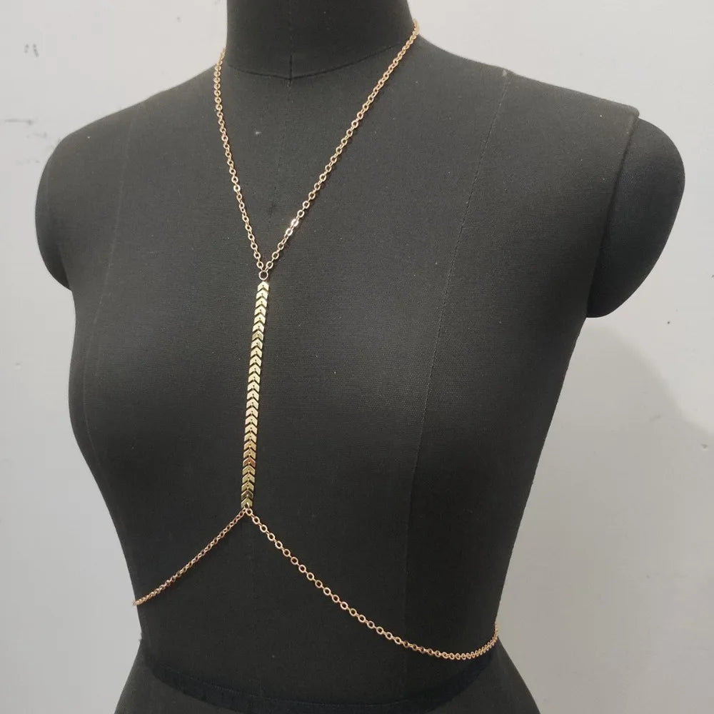 Layered Body Chain Necklace – Arrow & Fishbone Design