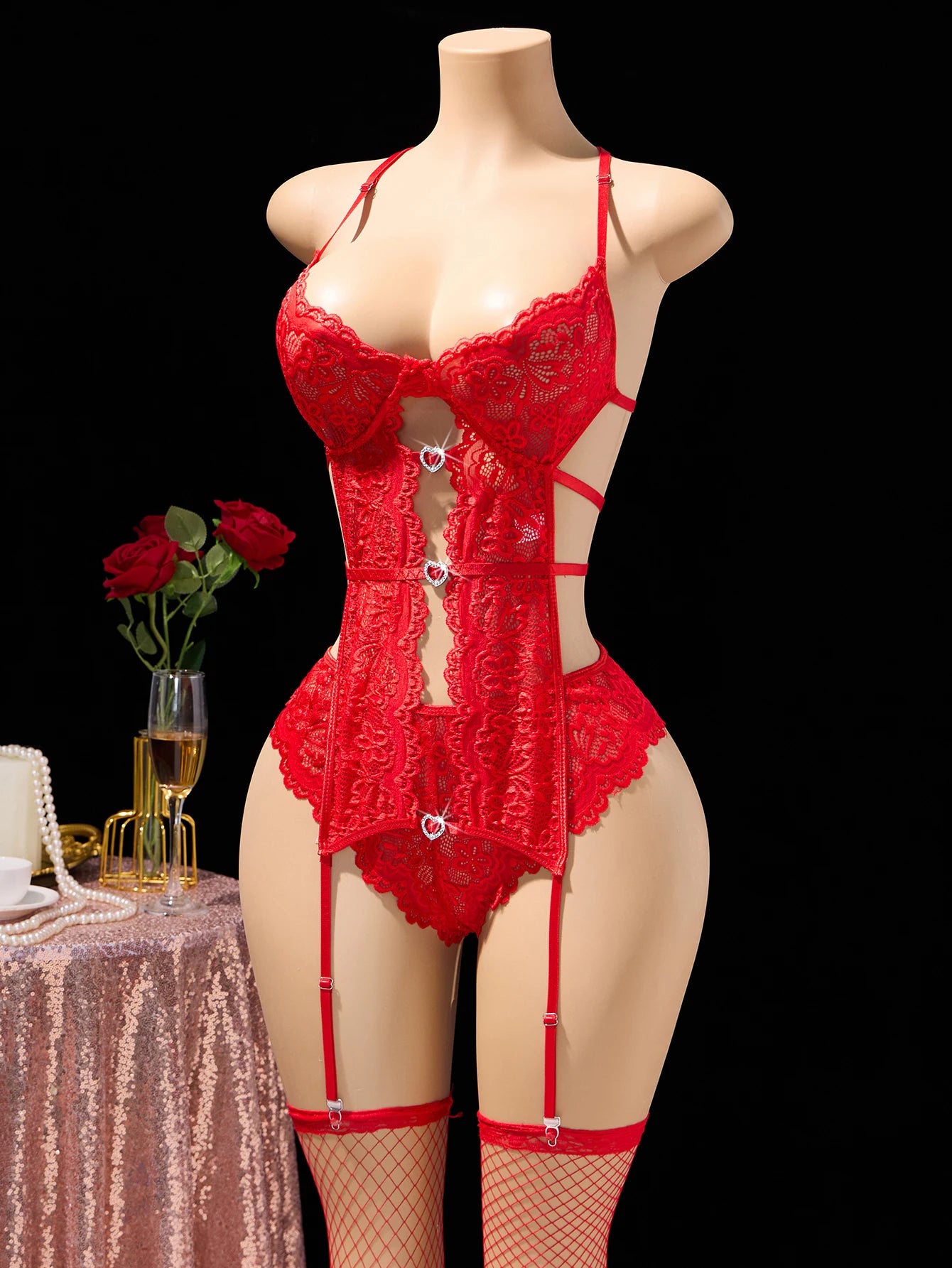 Embroidered Lace Bra & Panty Set with Stockings